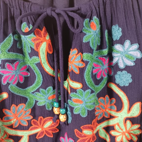 John Mark, Navy Multicolor Embroidered Peasant Blouse Medium, Boho, Festival - Picture 8 of 16